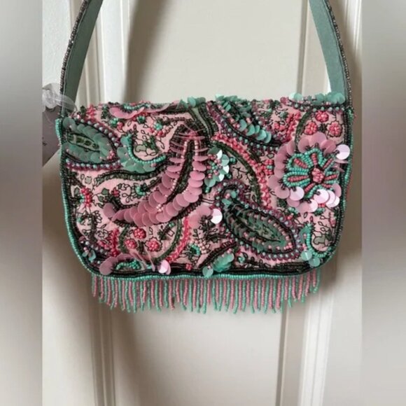 Viral Tik Tok Beaded Hand Made in India  Floral Paisley Fringe Purse Bag NWT - Picture 5 of 7